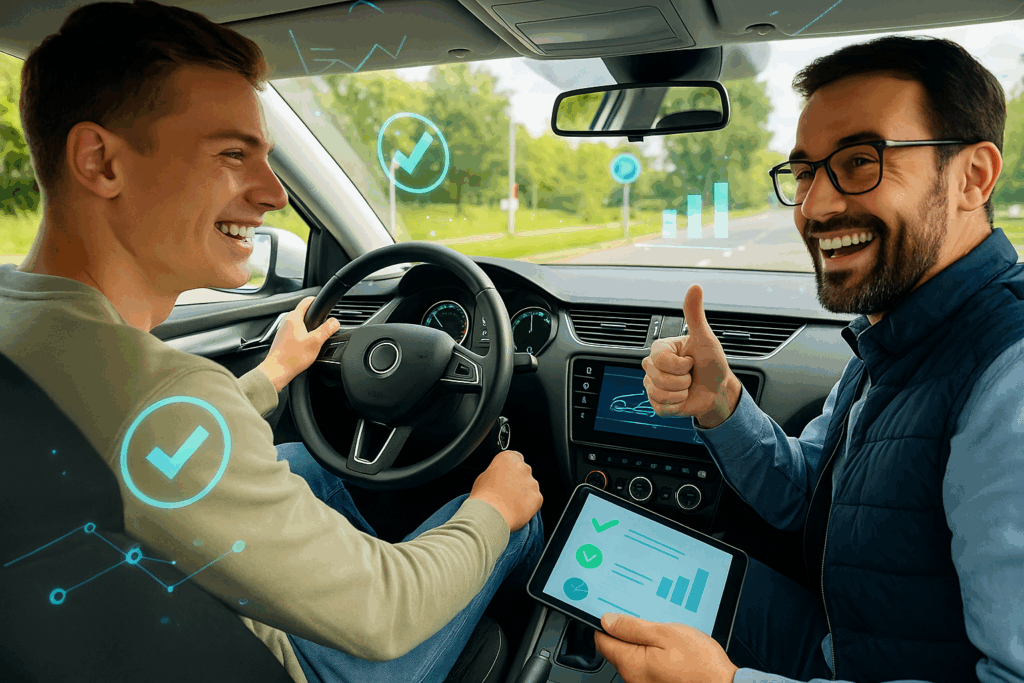 Rijinstructeur geeft glimlachend feedback aan leerling die ontspannen rijdt tijdens een oefenrit.