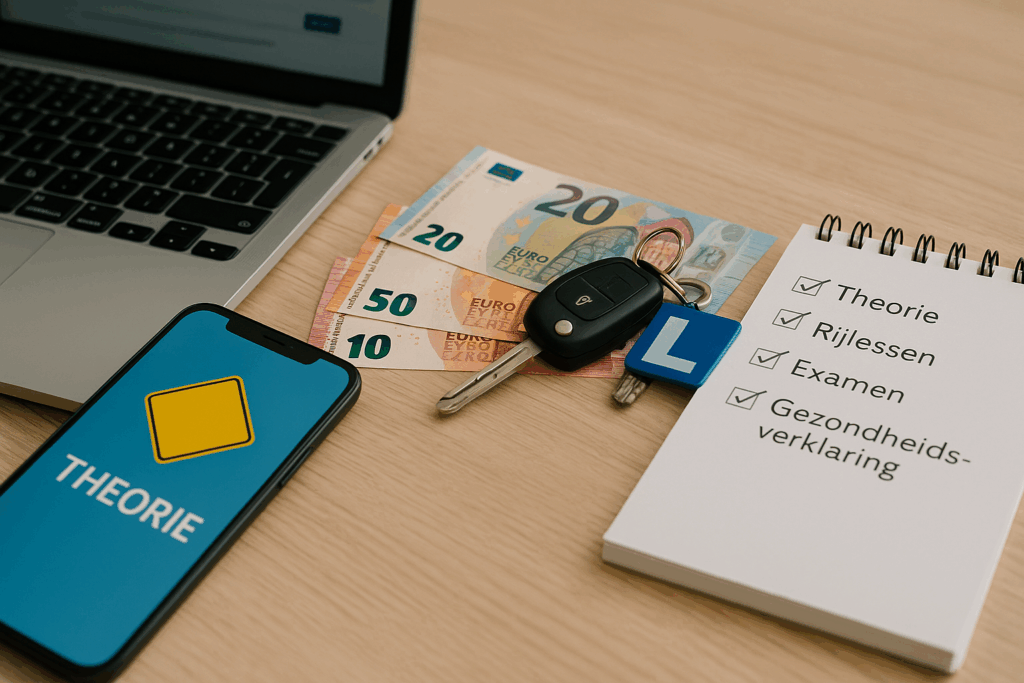 Overzicht van de kosten voor een rijbewijs in 2025 met theorie-app, eurobiljetten, autosleutels en checklist met theorie, rijlessen, examen en gezondheidsverklaring.