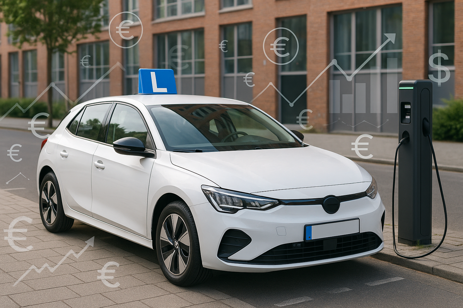 Kosten van een rijbewijs in 2025 overzicht – elektrische lesauto met data overlay