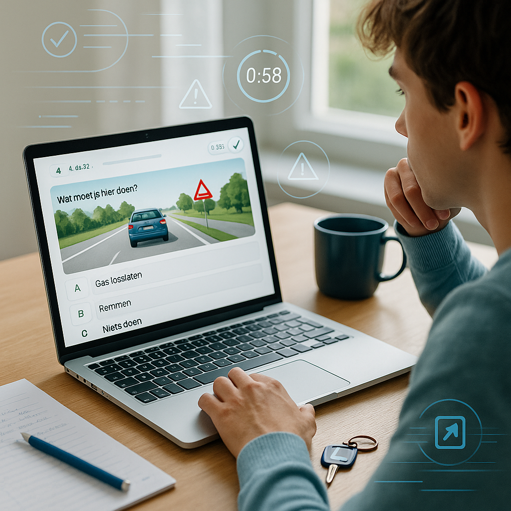 Leerling oefent theorie-examen op laptop met verkeersborden en oefenvragen in moderne setting.